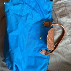 Longchamp Blue Tote with Brown Trim